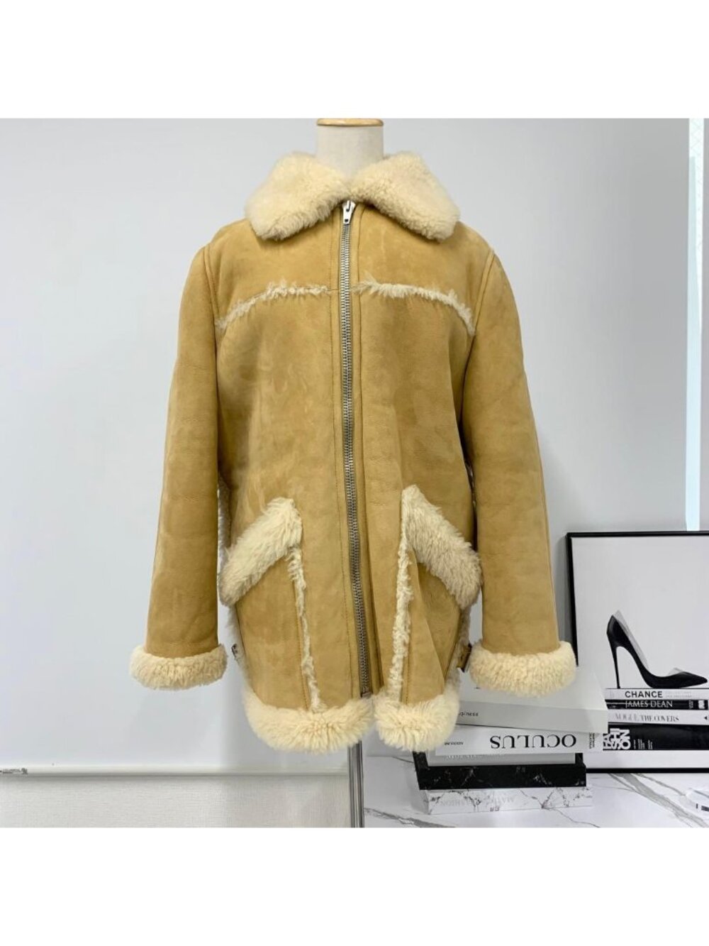 Celine Zip Up Shearling Coat Lambskin Beige